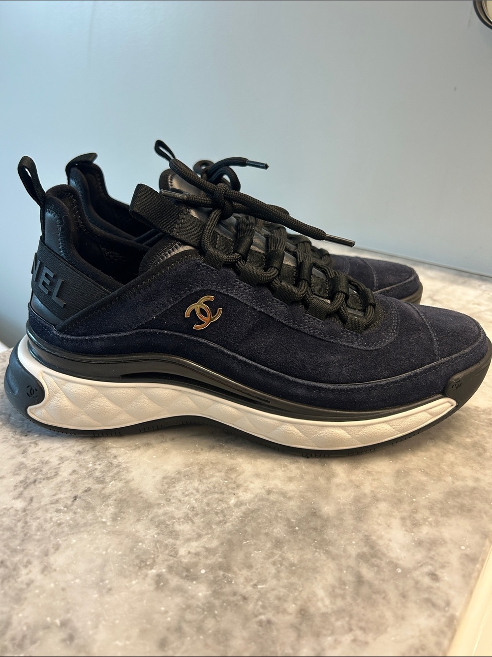CHANEL Navy Suede & Black Leather Men’s Low-Top Sneakers with Gold CC